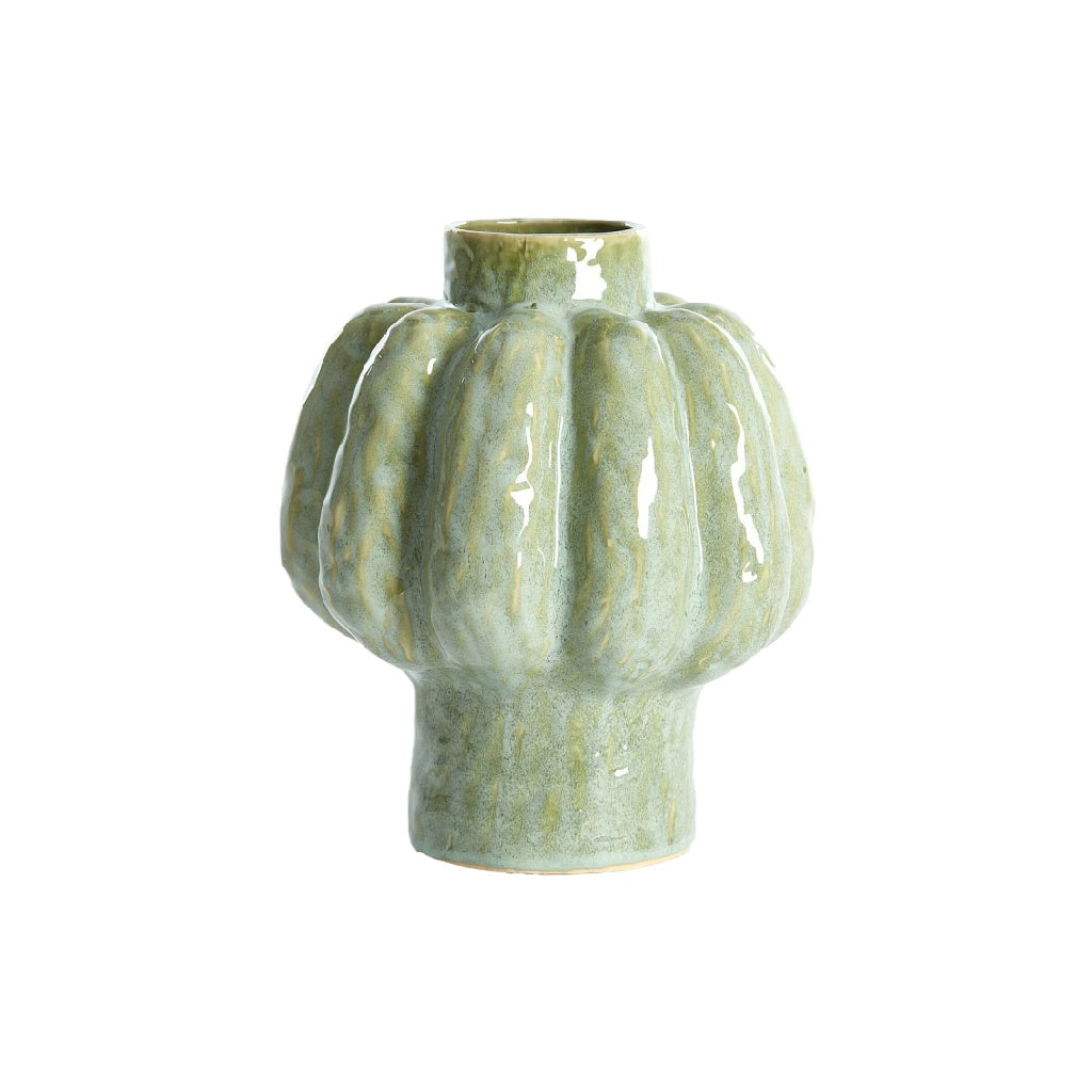 Lichtgroene Keramieken Vaas met Pompoenvorm - Vintage Reliëf Design